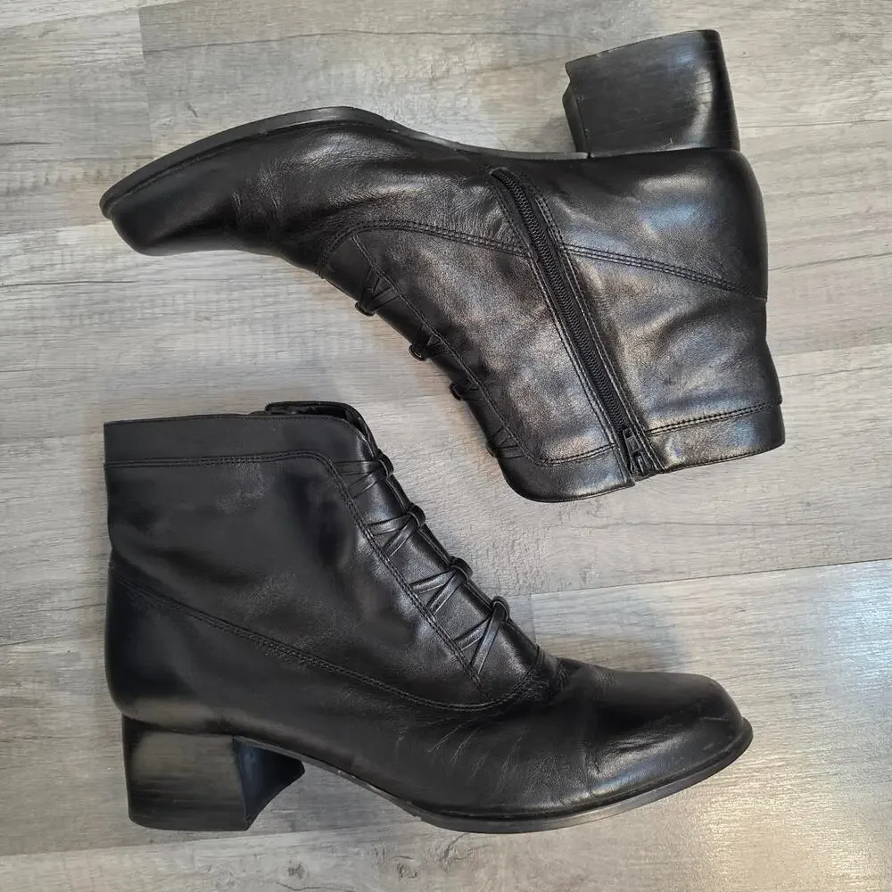 Vintage 90s Black Leather Ankle Boots Block Heel Women’s 10 Dark Academia Goth